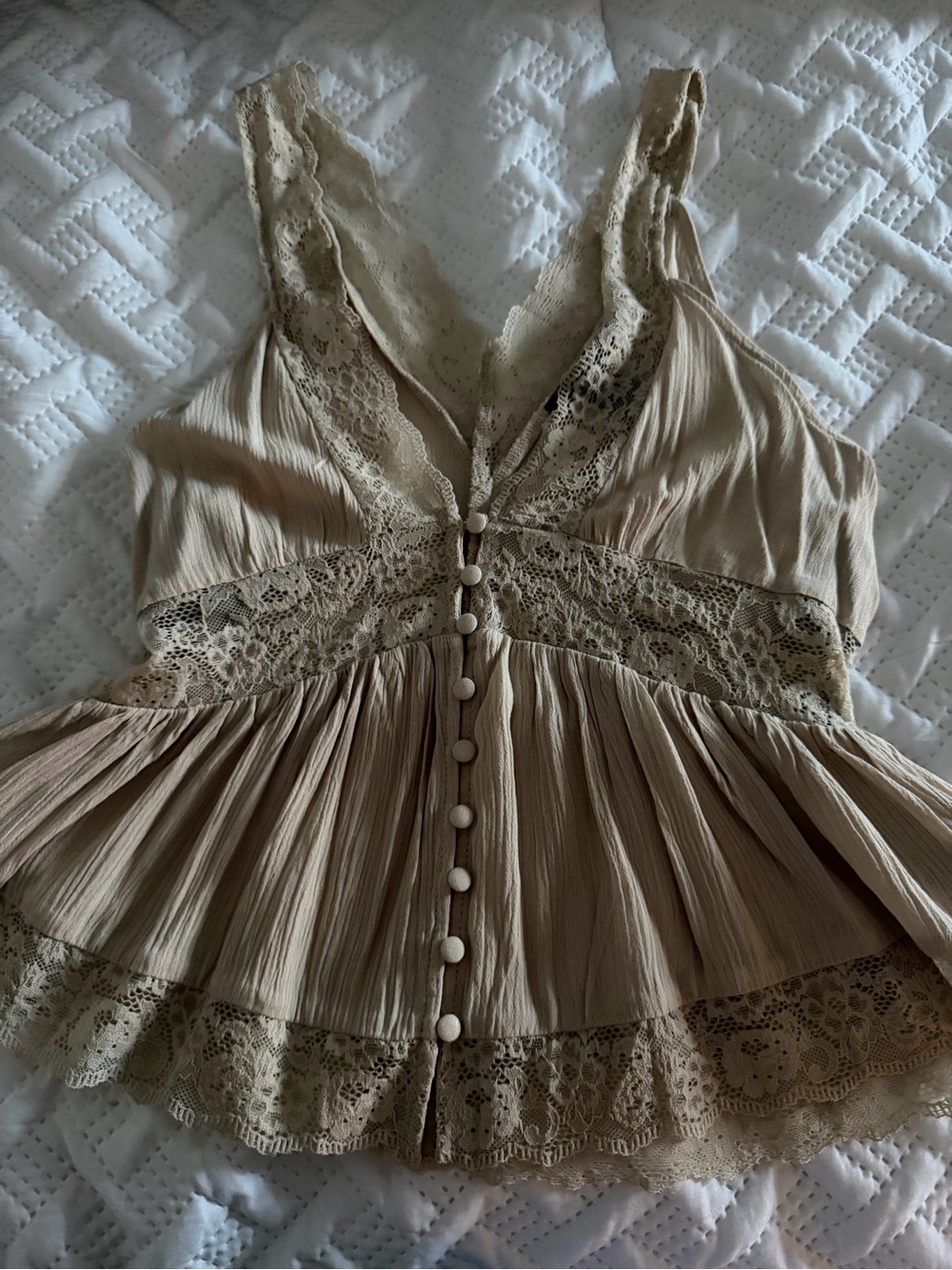 Women’s Lace-Trim Cream Peplum Button-Front Top